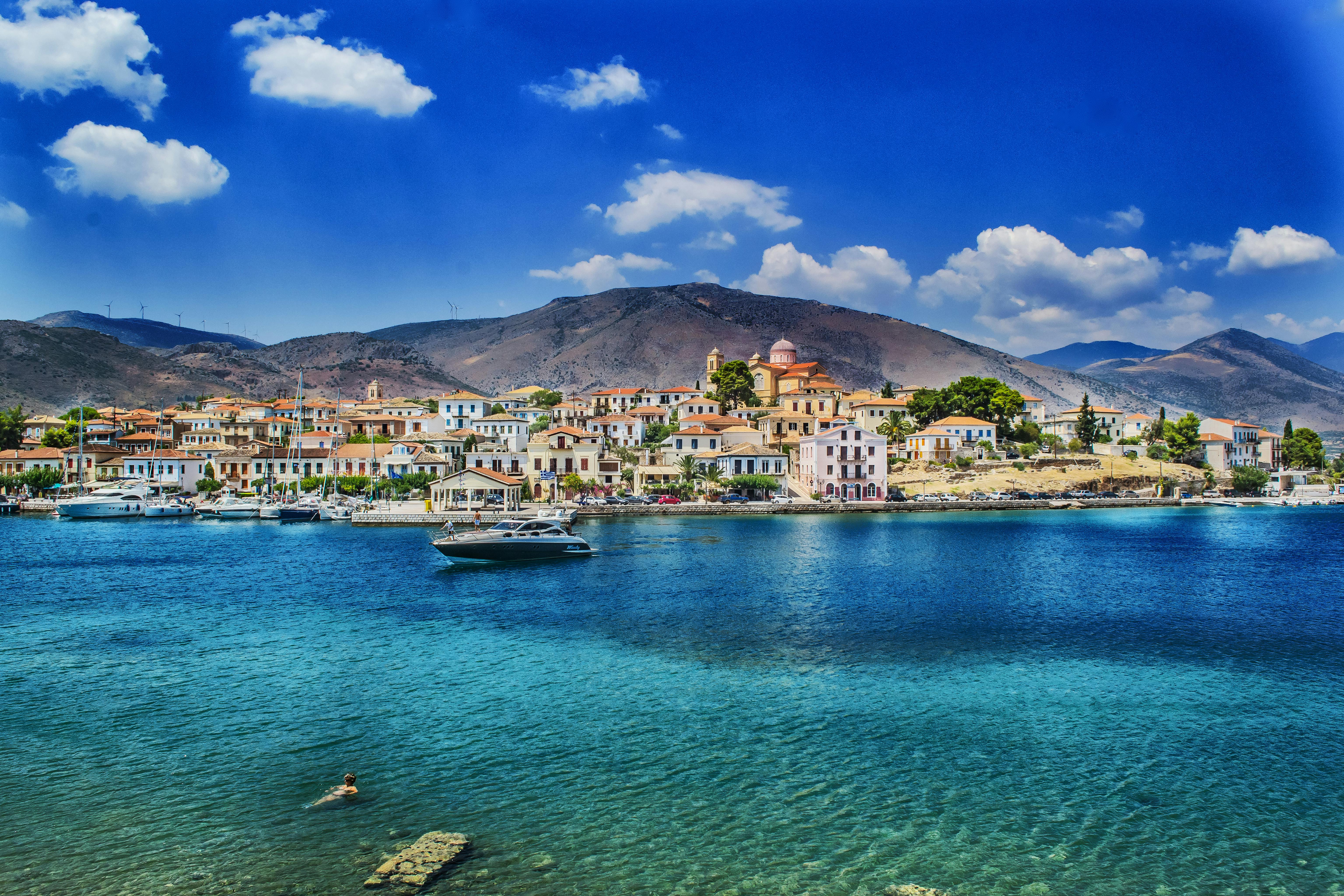 A picturesque coastal town in the Mediterranean with white and blue buildings